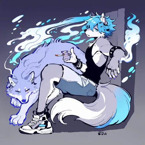 best quality, amazing quality, best aesthetic, amazing aesthetic, 2023, <lora:Sumi-ePonyXL:1.5>, sumi-e, monochrome, full body, sumi-e, 1boy, wolf, furry male, side view, sneakers, shorts, shoes, t-shirt, sitting, leaning on wall, tank top, jean shorts, ring, bracelet, anklet, hair accessory, hair, short hair, sidelocks, punk, blue hair, half-closed eyes, ear piercing, hair ornament, hairclip, looking at viewer, multicolored nails, piercing, multicolored eyes, purple nails, solo, handband, street, cigarette, smoke