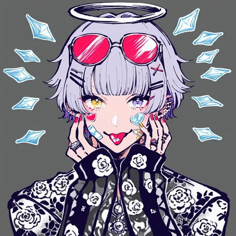 <lora:Sumi-ePonyXL:1.3>, sumi-e, monochrome, 1boy, sticker, radiant, sticker on face, band-aid, halo, floating diamond, roses, headshot portrait, intricate suit, intricate clothing, brooch, ring, bracelet, anklet, hair accessory, hair, short hair, sidelocks, lavender hair, tongue out, ear piercing, eyewear on head, hair ornament, hairclip, hands up, long sleeves, looking at viewer, multicolored nails, winking, piercing, pink-tinted eyewear, multicolored eyes, red nails, sleeves past wrists, solo, tinted eyewear, hands on cheek