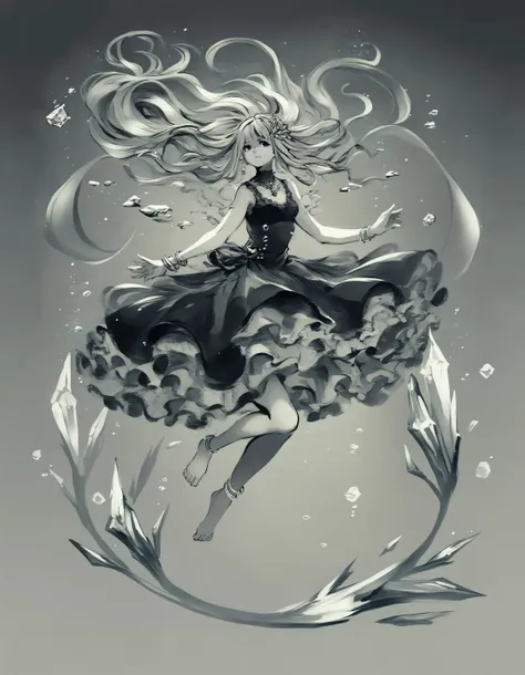 score_9, score_8_up, score_7_up, score_6_up, score_5_up, score_4_up, <lora:Sumi-ePonyXL:1>, sumi-e, monochrome, sumi-e, monochrome, 1girl, (crystal hair:1.1), floating diamond, underwater, hand towards viewer, frilly dress, intricate clothing, 5 fingers, brooch, ring, bracelet, anklet, hair accessory, full body