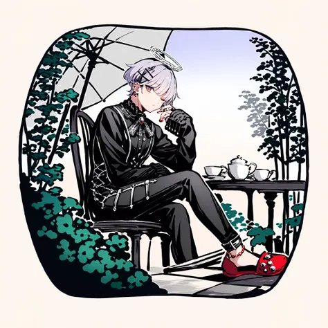 best quality, amazing quality, best aesthetic, amazing aesthetic, 2023, <lora:Sumi-ePonyXL:1.5>, sumi-e, monochrome, 1boy, gothic, gothic fashion, side view, suit, shoes, red slippers, sitting, table, chair, umbrella, halo, frilly suit, intricate clothing, brooch, ring, bracelet, anklet, hair accessory, hair, short hair, lavender hair, ear piercing, hair ornament, hairclip, hands up, long sleeves, looking at viewer, multicolored nails, winking, piercing, multicolored eyes, red nails, sleeves past wrists, solo, handband, garden, teacup