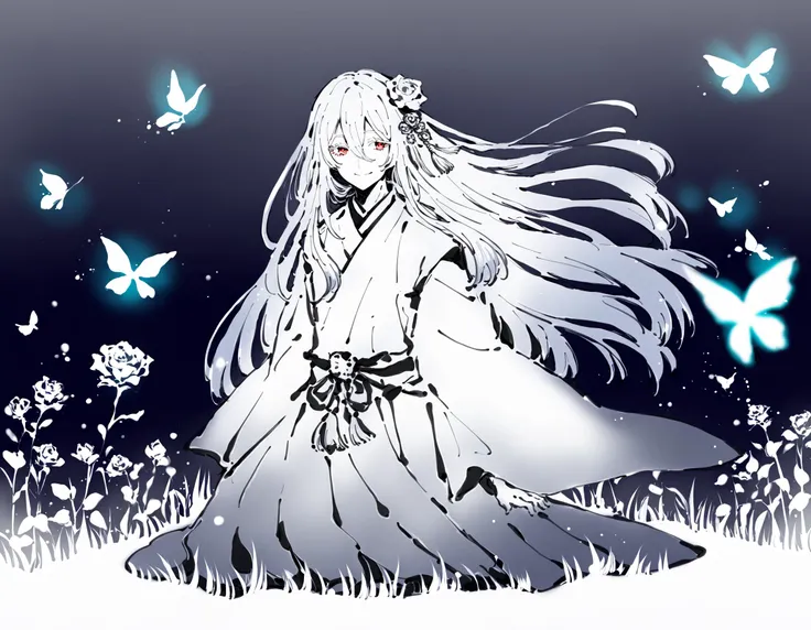 <lora:Sumi-ePonyXL:1.3>, sumi-e, monochrome, 1boy, smile, red eyes, white hair, kimono, flower in hair, intricate brushwork, eyelashes, floating hair, flower, glowing butterfly, grass, hair between eyes, light particles, blurry, long hair, long sleeves, sidelocks, solo, kneeling, tassel, very long hair, white robe, wide sleeves, flower in hair, white rose, gradient hair