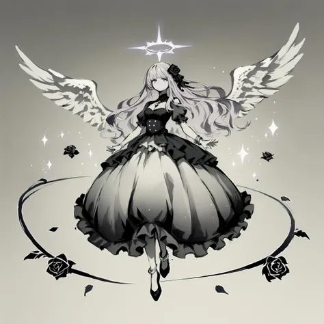 score_9, score_8_up, score_7_up, score_6_up, score_5_up, score_4_up, <lora:Sumi-ePonyXL:1>, sumi-e, monochrome, 1girl, angel, descending from heaven, radiant, feathered wings, halo, floating diamond, roses, hand towards viewer, frilly dress, intricate clothing, brooch, ring, bracelet, anklet, hair accessory, hair, long hair, sidelocks, lavender hair