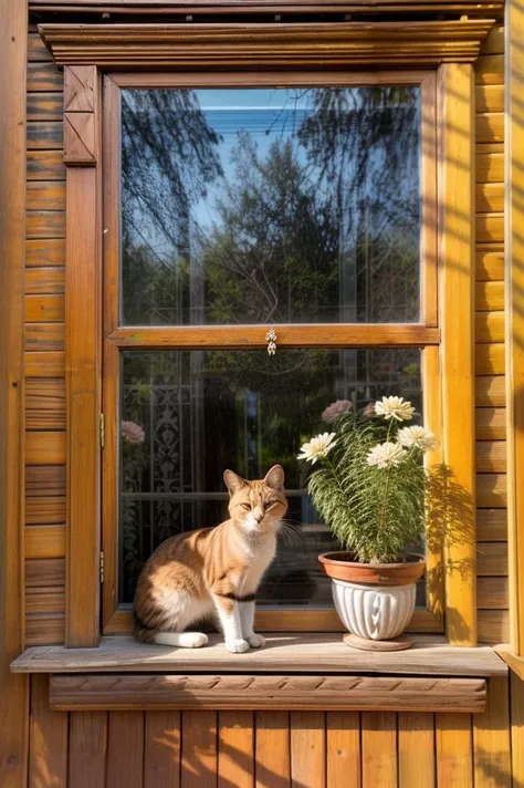photo of a , window, masterpiece, beautiful, carpentry, glass reflection, (cat:0.8), flower, frame, wooden, (building:0.9) <lora:nalichniki:0.85>, shadow, intricate, 8k uhd, dslr, soft lighting, high quality, film grain, Fujifilm XT3