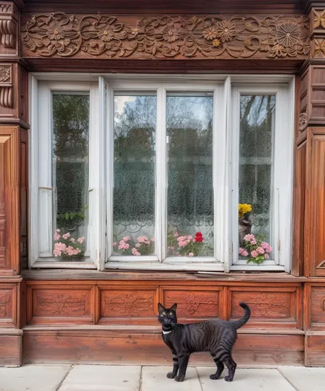 photo of a, window, masterpiece, building, cat, flower, , lacing, , , shutters, gorgeous, woodwork, carpentry, reflection, <lora:nalichniki:0.8>, 8k uhd, dslr, soft lighting, high quality, film grain, Fujifilm XT3