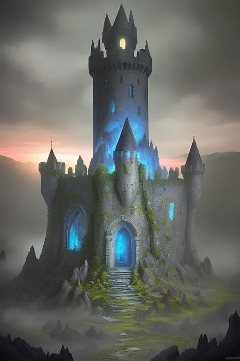 GROWS A STONE CASTLE TOWER in the style of surrealism, extreme detail, fine textures, deep shadows, sharp lines, strong contrast. .rainbow sunset. .fog geothermal landscape, blue depth. Overgrown WITH PLANTS, GLOOMY, expressive CLEAR IMAGE, over-detailed, award-winning, (complex details, masterpiece, best quality: 1.4)