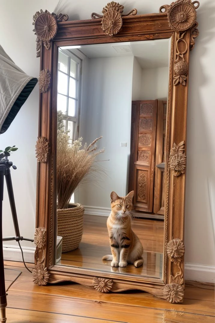 photo of a (mirror:1.2), window, masterpiece, beautiful, carpentry, glass reflection, (cat:0.8), flower, frame, wooden, (building:0.9) <lora:nalichniki:0.85>, shadow, intricate, 8k uhd, dslr, soft lighting, high quality, film grain, Fujifilm XT3