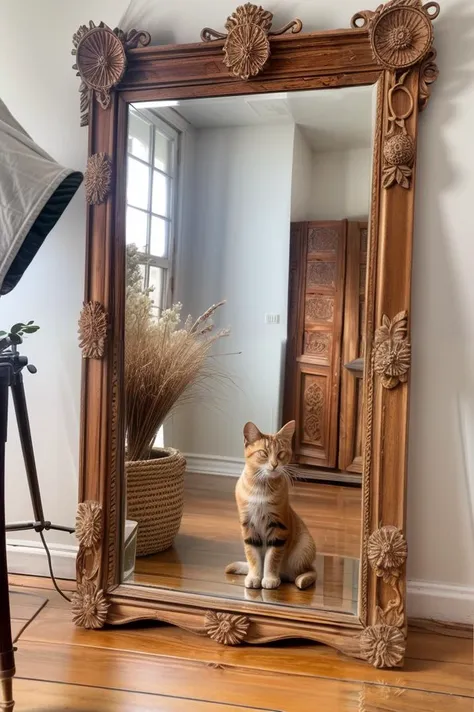 photo of a (mirror:1.2), window, masterpiece, beautiful, carpentry, glass reflection, (cat:0.8), flower, frame, wooden, (building:0.9) <lora:nalichniki:0.85>, shadow, intricate, 8k uhd, dslr, soft lighting, high quality, film grain, Fujifilm XT3