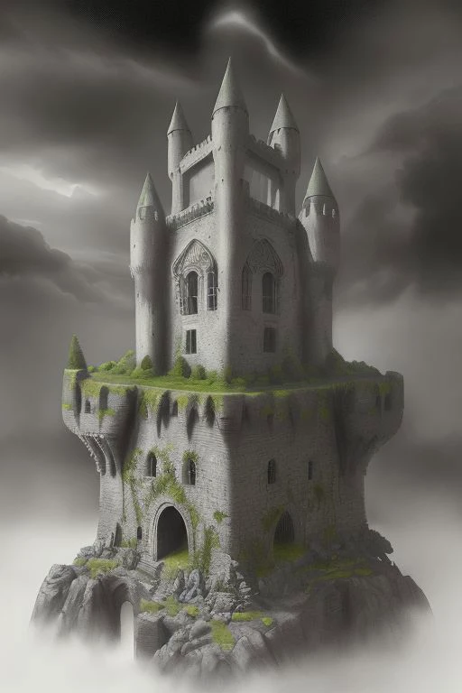 GROWS A STONE CASTLE TOWER in the style of surrealism, extreme detail, fine textures, deep shadows, sharp lines, strong contrast. .rainbow sunset. .fog geothermal landscape, depth. Overgrown WITH PLANTS, GLOOMY, expressive CLEAR IMAGE, over-detailed, award-winning, (complex details, masterpiece, best quality: 1.4)