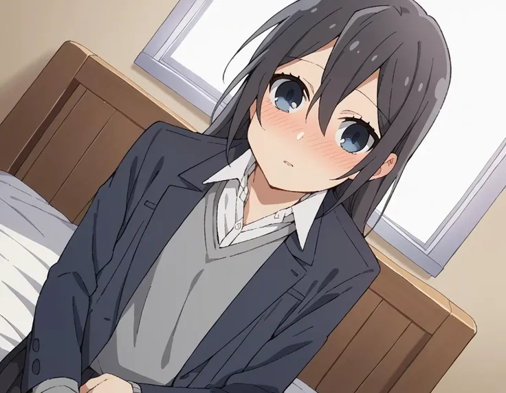 score_9, score_8_up, score_7_up, source_anime,
honokasawada,  <lora:honoka-sawada-s2-ponyxl-lora-nochekaiser:1>,
honoka sawada, long hair, blue eyes, black hair, hair between eyes,
shirt, school uniform, jacket, collared shirt, blazer, sweater, grey sweater, white shirt, black blazer, skirt, black skirt,
indoors, bed, bed room, on side, blush, drunk,
cowboy shot, looking at viewer, solo, dutch angle,