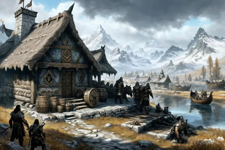 Painting of skyrim war detailed in whiterun, style of ancient academic mythological by Henryk Siemiradzki, <lora:Acdemical_paintings_of_Henryk_Siemiradzki:1> Balgruuf the Greater, lydia, Ulfric Stormcloak,
