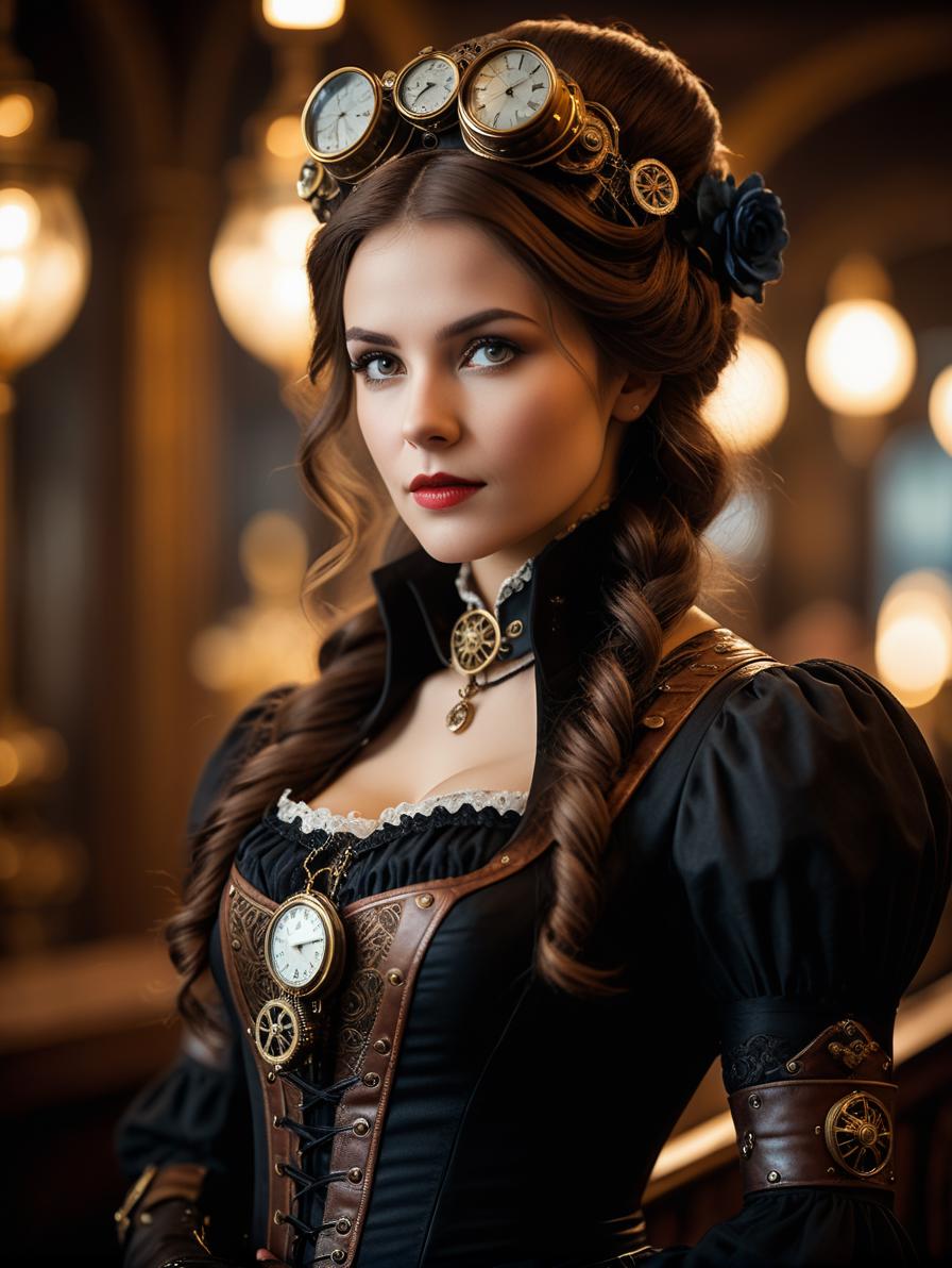 A close up of a woman wearing a dress and a clock - SeaArt AI