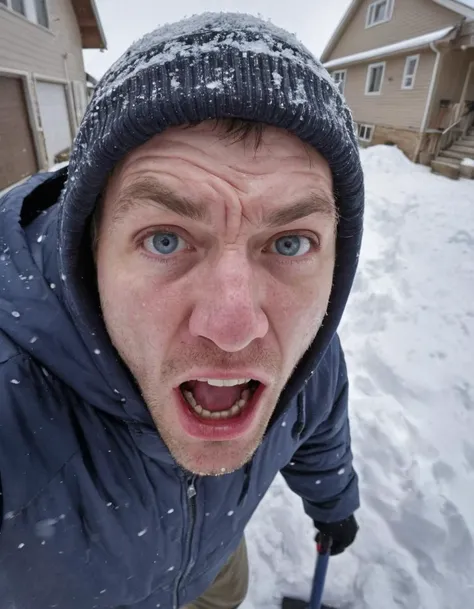 amateur close-up photo of man, angry at the snow in the driveway, driveway covered in deep snow, snow shovel on the ground, snow on clothes, (heavy snowfall), fisheye face close-up