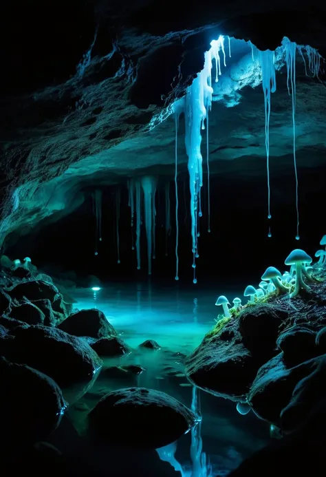 Underground cavern illuminated by bioluminescent fungi, where the subtle echoes of dripping water compose a subterranean symphony. (Fantasy), (Glowing), (Low key lighting), (Selective focus), Digital manipulation technique.