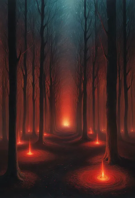 Luminous labyrinth, crimson horizon, whispering shadows, dancing embers, echoing silence