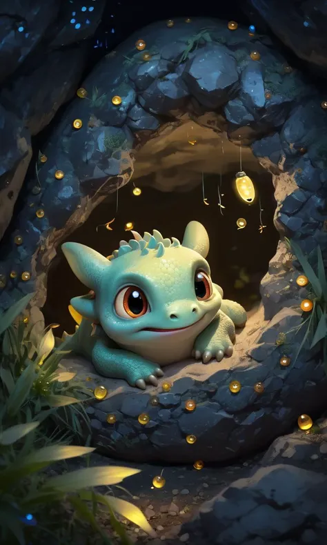 Pudgy dragon hatchling, (curled up:1.4) inside a (cave:1.2), (wide-eyed) with (sparkling) gaze, (giggling), surrounded by (fireflies:1.3), moonlight, gentle colors, (playful) expression, (fluffy) texture detailing, (joyful) ambiance, embodying (innocence), (serenity), hyper-realistic detailing