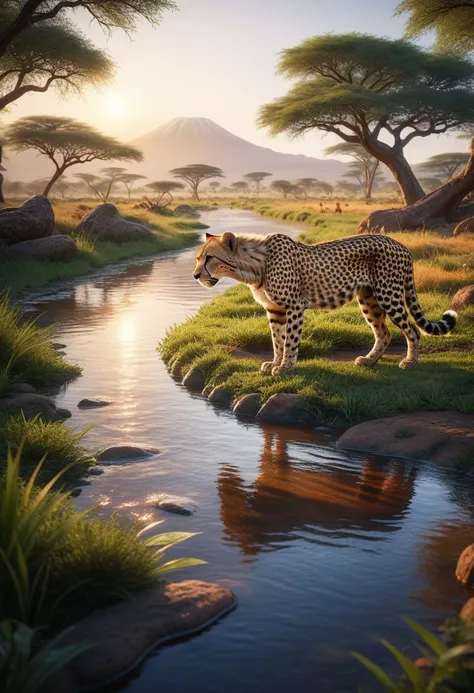 (masterpiece), realistic lighting, realistic, intricate details, hyperdetailed, extremely sharp, 4k, vivid colors,
 ((best quality)), (ultra-detailed), absurdres, extremely detailed CG unity 8k wallpaper, Official Art, 
a cheetah drinks from a river ,(drinking:1.4),in the African savannah, close up, Kenya, behind Mount Kilimanjaro, baobabs, at dawn, full spring magical atmosphere
hyperdetailed, hyperrealistic, 8k, high quality, hi res, best quality, high quality, absurd res, volumetric lighting, soft warm lighting,