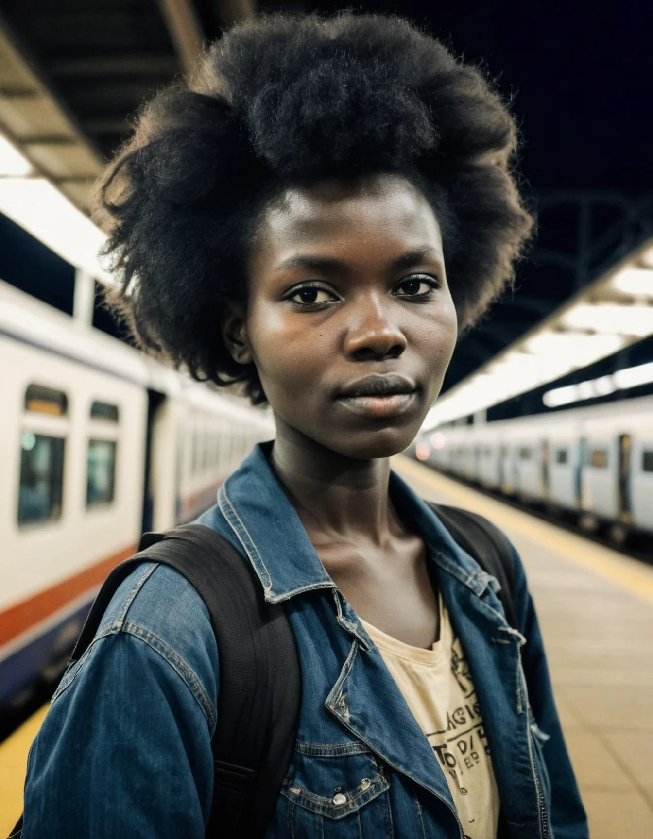 polaroid photo portrait photography of a beautiful south sudanese woman with Natural black Bouffant hairstyle hair at train station during Midnight, Nikon Z9 . faded film, desaturated, 35mm photo, grainy, vignette, vintage, Kodachrome, Lomography, stained, highly detailed, found footage