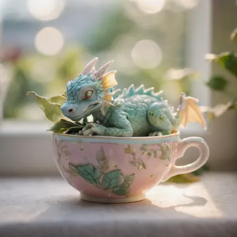 A tiny dragon curled up asleep inside a teacup, (Soft Focus), (f_stop 2.8), (focal_length 50mm) macro lens f/2.8, surrounded by (scattered) tea leaves, (pastel) colors, (cozy) morning light filtering through a nearby window, (whimsical) steam shapes, captured with a (Canon EOS R5), highlighting (serene) comfort, (miniature) whimsy