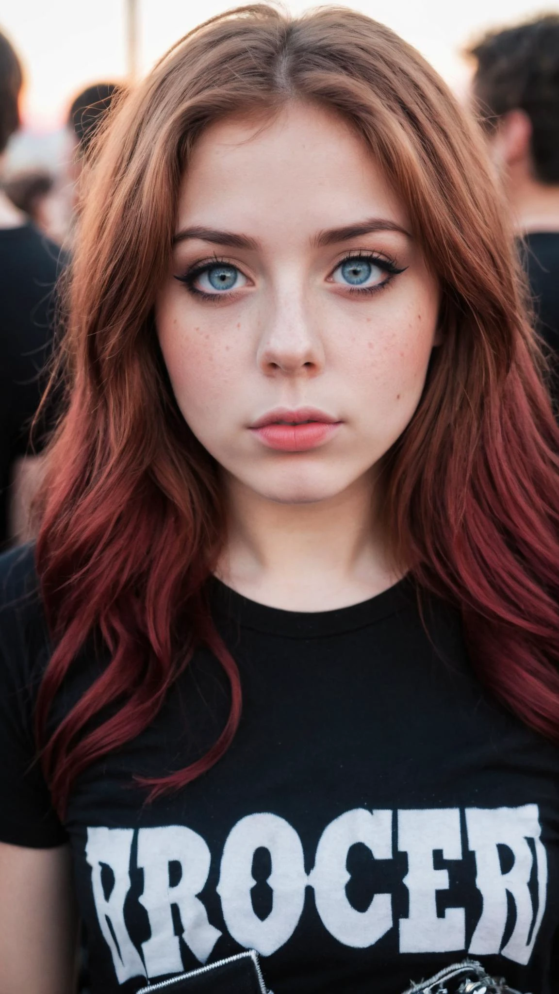 photograph of a woman, cute round face, pouty lips, big eyes, rocker style, wearing a cute black t-shirt, long wavy red hair, at a rock concert, headshot, subject focus, depth of field, raw photo