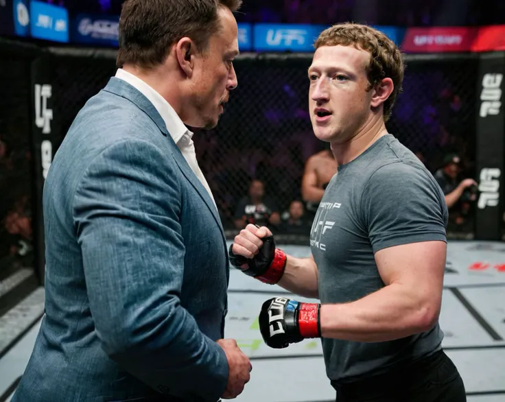 Mark Zuckerberg is transforming during his UFC Debut, Elon's POV, screaming, teeth, long snake tongue, forked tongue, action, menacing, 8K HDR, Studio quality, glowing eyes, lizard eye, dark, attack stance, UFC Arena in background, blood splatter on shoulder, intense, realistic blood,