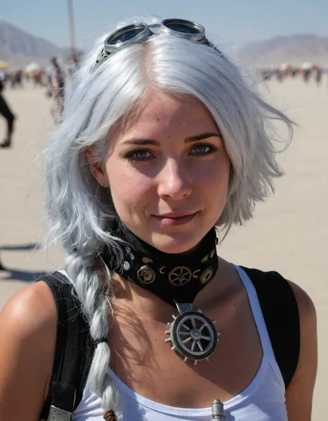 cute woman Natasha with silver hair at burning man fire, daylight, harsh shadow, dusty wind, steampunk cosplay, (freckles:0.2)