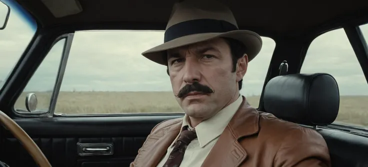 cinematic still of a 40 year old white male, a private detective with short dark hair, hat, stubble, mustache, serious, in the back seat of a car, 1970s, cloudy, film grain