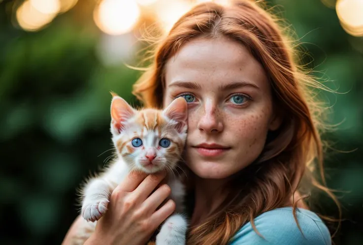 cinematic upper body phone camera photo a woman holding a kitten in her hands, ((best best quality)), ((masterpiece)), ((realistic)), (detailed), blush, (masterpiece), absurdres, HDR , . 35mm photograph, film, bokeh, professional, 4k, highly detailed, detailed skin texture, (blush:0.5), (goosebumps:0.5), subsurface scattering, freckles, pure skin, skin pores, blue eyes