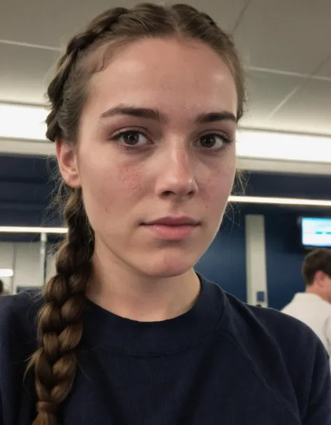 amateur cellphone photography woman with Dark brown French braid hair at flight school, (freckles:0.5) . f8.0, samsung galaxy, noise, jpeg artefacts, poor lighting, low light, underexposed, high contrast