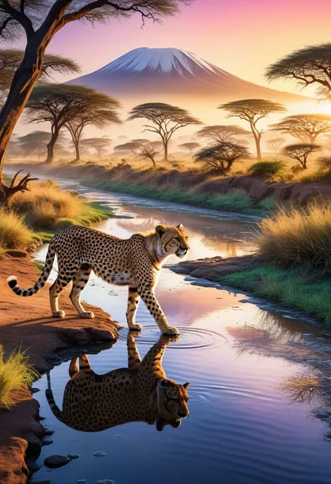 Ultra-wide photorealistic image a cheetah drinks from a river ,(drinking:1.4),in the African savannah, (close up), Kenya, behind Mount Kilimanjaro, baobabs, at dawn, full spring magical atmosphere , giant cyber abstract, ink flow - 8k photorealistic masterpiece ,liquid tempera, calligraphy, acrylic: color watercolor, cinematic lighting, maximalist photo illustration: marton Bobzert: 8k concept art, extremely detailed, complex, elegant, vast, fantastical and psychedelic realism,