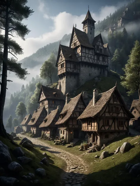 Horror-themed , A photorealistic still image in the style of Greg Rutkowski of a medieval, rustic hermit village deep in the pristine mountain forests. It is a rustic town with distinctly Iron Age architecture, misty mountain landscape with forest, intricate, shot, natural lighting and shadows, volumetric fog, a sense of darkness and foreboding, epic, mystical, dark,
<lora:add-detail-xl:1.4>, Ultra-HD-details, true to life, HDR image, High detail resolution, high detailed cloth, cinematic lighting, realistic, sharp focus, (very detailed), ((4K HQ)), depth of field, f/1.2, Leica, 8K HDR, High contrast, bokeh, realistic shadows, vignette, epic, . Eerie, unsettling, dark, spooky, suspenseful, grim, highly detailed