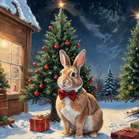 professional painting by Alayna Lemmer of rabbit looking at a christmas tree. The rabbit is wearing a small bowtie. It is winter evening time and clear weather. Smooth focus on the rabbit, dynamic pose, dynamic background, dynamic composition, dynamic lighting, realistic proportions, intricate details, 16k resolution, hdr, raytracing.