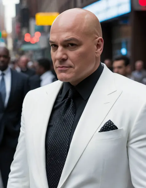 cinematic photo a kingpin of crime As Kingpin/Wilson Fisk, a powerful mob boss in New York City and a thorn in the side of Spider-Man, Daredevil, and other heroes., Bald head and white suit, reflecting his cool demeanor and control over the criminal underworld. . 35mm photograph, film, bokeh, professional, 4k, highly detailed