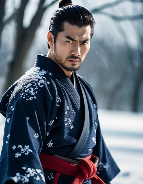 cinematic photo of A male samurai wearing kimono with a (katana:1.2) at his waist, (Perfect Hands), crazy angry upset face, in the winter snowy field, (dynamic angle, dynamic pose), intense shadows, depth of field, natural light, (SFW) <lora:perfect hands 2:1.2> <lora:DetailedEyes_V3:1>, 35mm photograph, film, bokeh, professional, 4k, highly detailed