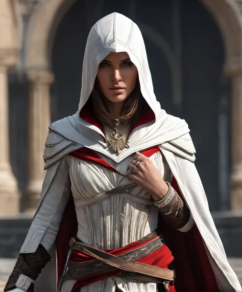 (masterpiece:1.2,high quality), ((ultra realistic details)), realistic photo, (ohwx woman), assassin's creed, Rebecca Ferguson as a beautiful female assassin's creed, very detailed face, ancient rome, white dress, dark shadows, imersive lights, global illumination, shadows, smoke elements on ground, Unreal Engine, 8k, ultra sharp, highly details, raw photo, imersive background of ancient Rome, hidden blade, hood, walk in front of viewer, cowboy shot