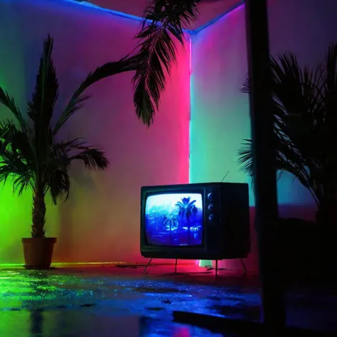 cyberpunk apartment, night, raining, neon lighting, shadows, dramatic lighting, television screen, dystopia, palm tree