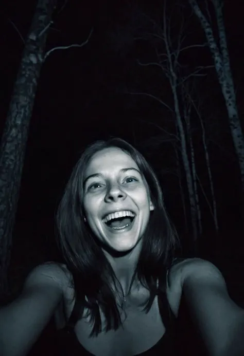 girl at night in the wood, selfie, laughing, night, very dark, infrared photography ,grainy, motion blur, blurry, blair witch project