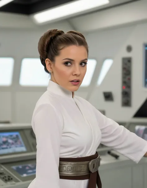 breathtaking Motion Blur Photography,  ohwx  woman ,As Princess Leia from the Star Wars saga, dressed in her iconic white robe and belt, her hair styled into two side buns. She stands in the command center of a Rebel base, her courage and leadership skills evident as she directs her forces against the evil Empire., . award-winning, professional, highly detailed