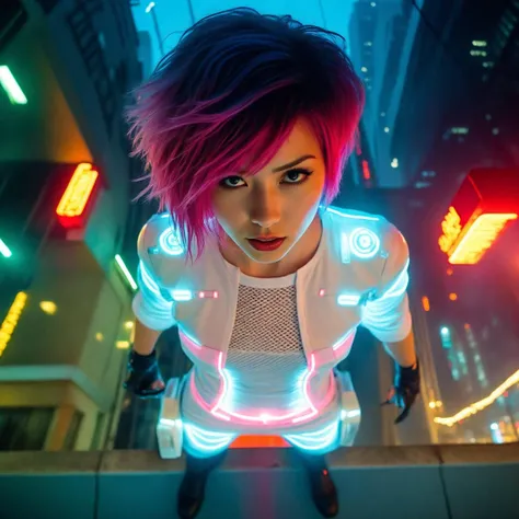 cinematic film still bottom up view Motoko Kusanagi as the final girl at the edge of a building, futuristic punk haircut, neon clothes, neon hair, high details, by Denis Villeneuve, dystopian, illuminated city at night with flying cars, cyberpunk . shallow depth of field, vignette, highly detailed, high budget, bokeh, cinemascope, moody, epic, gorgeous, film grain, grainy