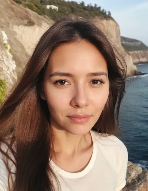 amateur cellphone photography cute Prime of Life woman with Medium brown Half-up half-down hair at sea cliff . f8.0, samsung galaxy, noise, jpeg artefacts, poor lighting,  low light, underexposed, high contrast