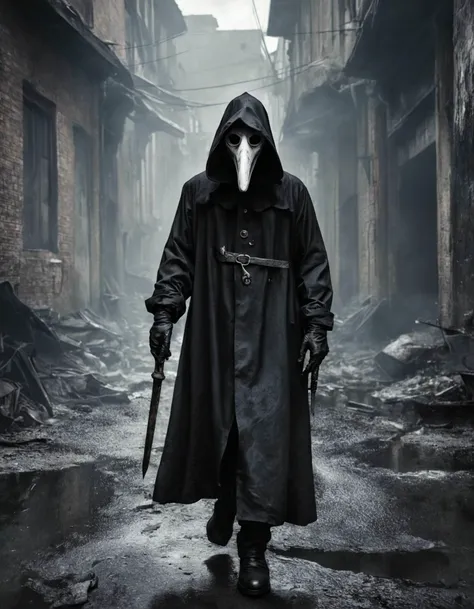 Horror-themed Infectious Plague doctor roaming the Streets of the Doomed City . Eerie, unsettling, dark, spooky, suspenseful, grim, highly detailed