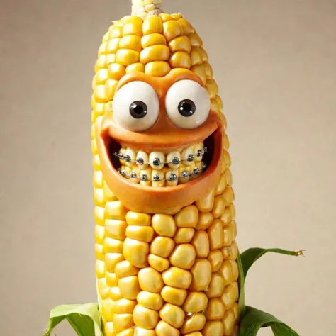 photo of an anthropomorphic corn, animated, braces, smiling