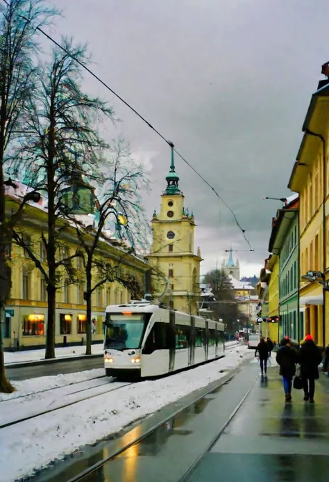 Bern downtown in winter, snowy, cloudy, people, modern tram, raw style