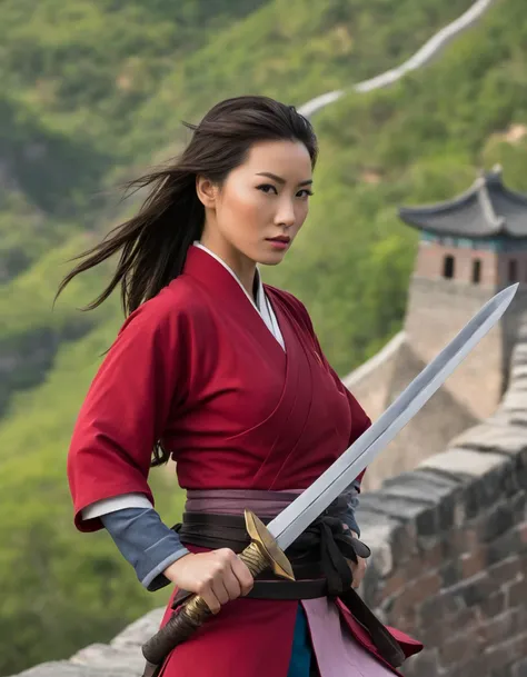 breathtaking (full height:1.3), a fierce ohwx woman As Mulan from Disney's Mulan, sword in hand with the Great Wall of China in the distance. Inspired by Krenz Cushart, neoism, kawacy, wlop, gits anime. Her hair cropped short, emblematic of her sacrifice and bravery. . award-winning, professional, highly detailed
