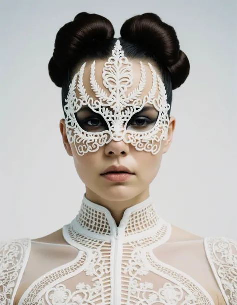 cinematic photo symmetrical portrait of a woman wearing a embroidered translucent silicone mask and white frizzy hair buns, wearing a black bodysuit by alexander mcqueen, cream white background, soft diffused light, biotechnology, humanoide robot, bjork aesthetic, translucent, by rineke dijkstra, intricate details, highly detailed, masterpiece, . 35mm photograph, film, bokeh, professional, 4k, highly detailed