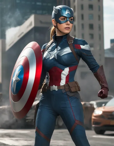 breathtaking (full height:1.3), a beautiful ohwx woman As female Captain America from the Marvel Comics, wearing a red, white, and blue suit, wielding a vibranium shield, standing tall in a heroic pose, set against a backdrop of a battle scene or iconic cityscape, vivid colors, high-resolution, 8k quality, true to the Marvel universe, inspiring and empowering illustration., inspired by Krenz Cushart, neoism, kawacy, wlop, gits anime,A shaggy, short cut., . award-winning, professional, highly detailed