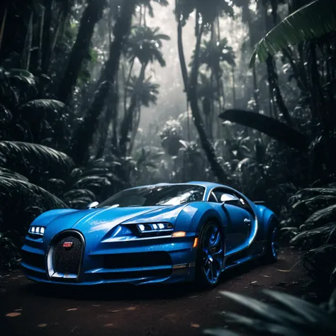 cinematic photo of a blue bugatti in the rainforest