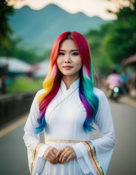 cinematic photo pretty vietnamese woman with rainbow hair wearing a white ao dai . 35mm photograph, film, bokeh, professional, 4k, highly detailed