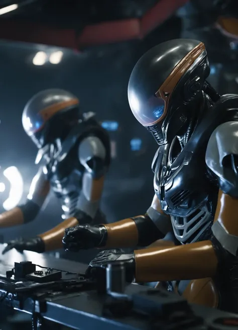 cinematic photo Starship Engineers crafting vessels in a Dockyard of the Cosmos, reflecting the massive scale of Ridley Scott's Alien . 35mm photograph, film, bokeh, professional, 4k, highly detailed