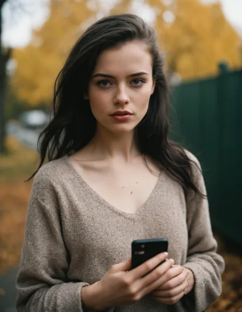 amateur cellphone flash photography (art by Mathias Goeritz:0.9) , photograph, Lush Girlfriend Árnína Baldvinsdóttir , Rich Black hair, autumn , Noon , tilt shift, sharp focus, specular lighting, film grain, Samsung Galaxy, F/5, (cinematic still:1.2), (freckles:0.5) . f8.0, samsung galaxy, noise, jpeg artefacts, poor lighting, low light, underexposed, high contrast
