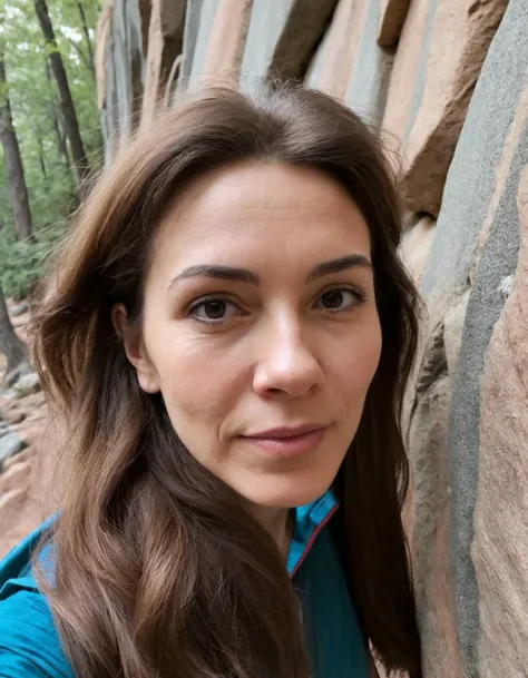 amateur cellphone photography cute Wisdom Years woman with Medium brown Zigzag part hair at rock climbing spot . f8.0, samsung galaxy, noise, jpeg artefacts, poor lighting, low light, underexposed, high contrast